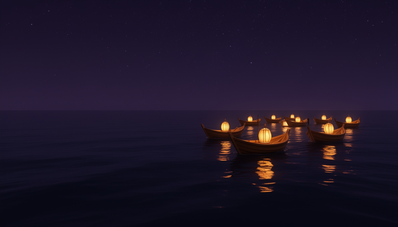 A community of people connected together, illustrated as lantern-lit boats gathered on the water