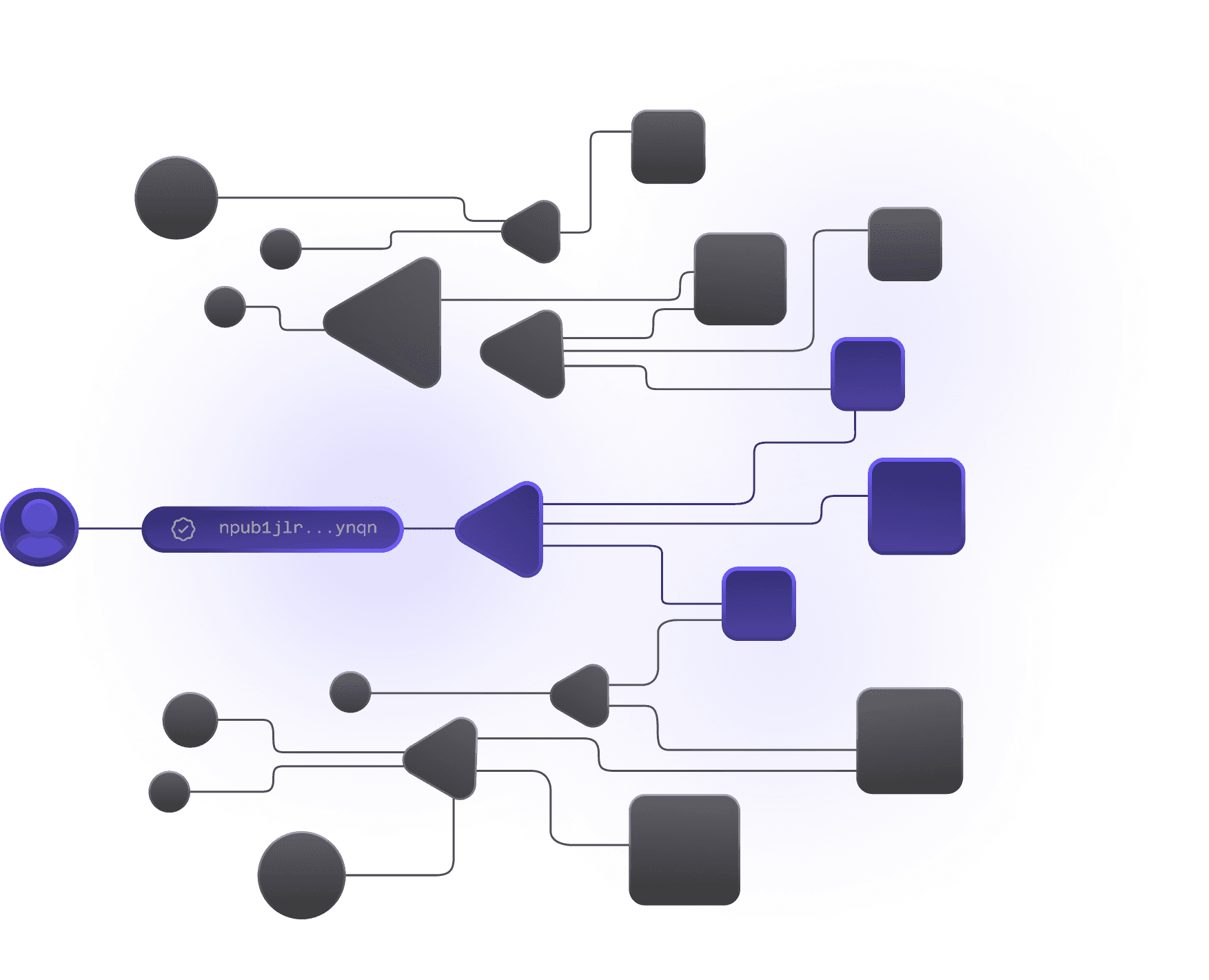Network of nodes illustration with a highlighted npub identity pill