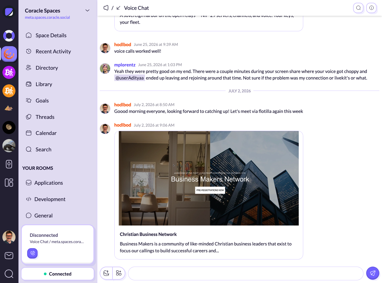 Flotilla web app showing the Voice Chat room of a community space, with the room list alongside a chat conversation