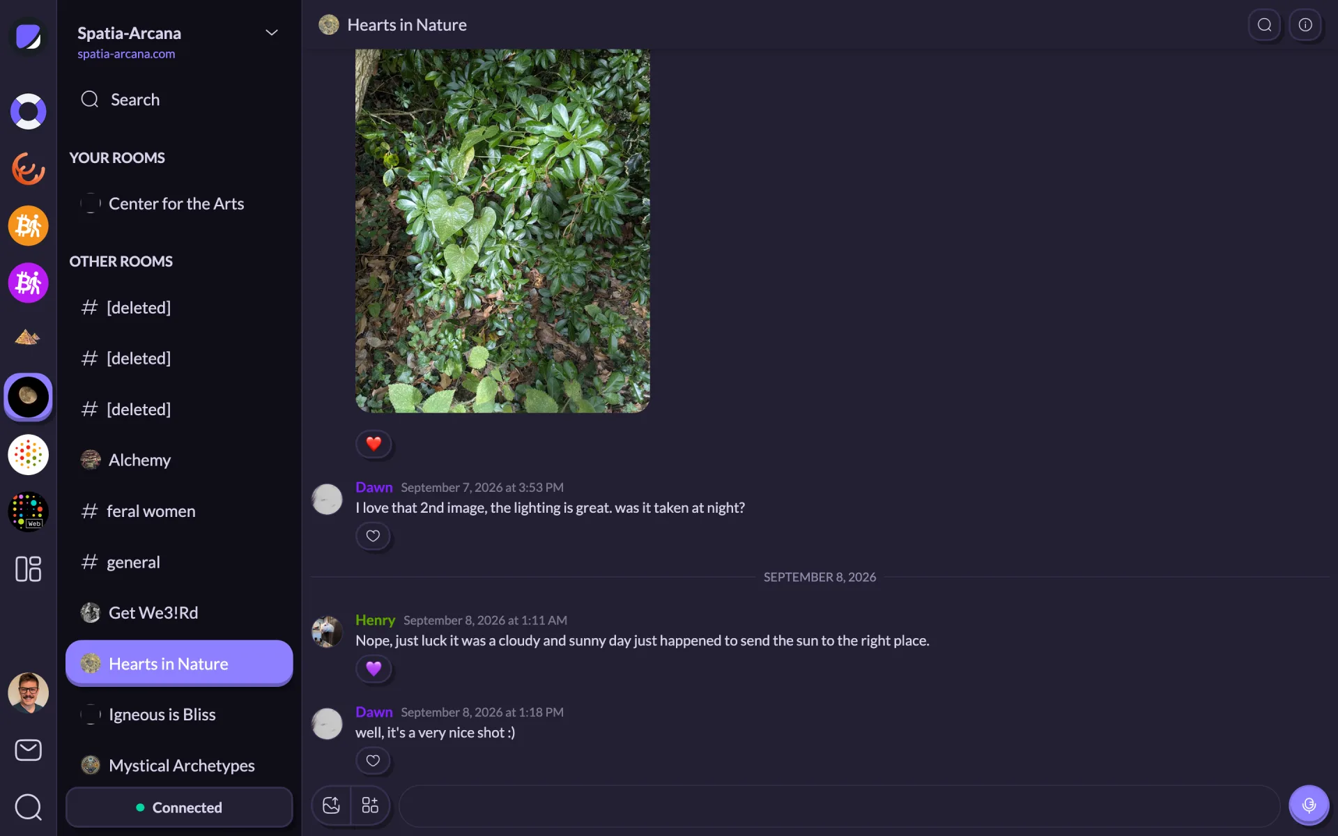 A Flotilla chat room with a sidebar of rooms on the left and a conversation with photos and reactions on the right