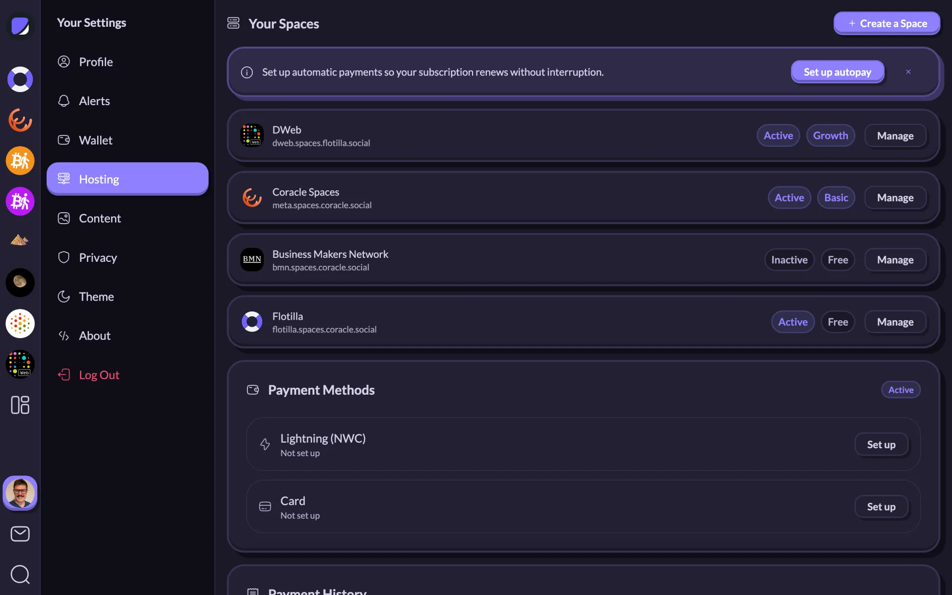 A hosting settings page listing several spaces with their plans, plus payment methods