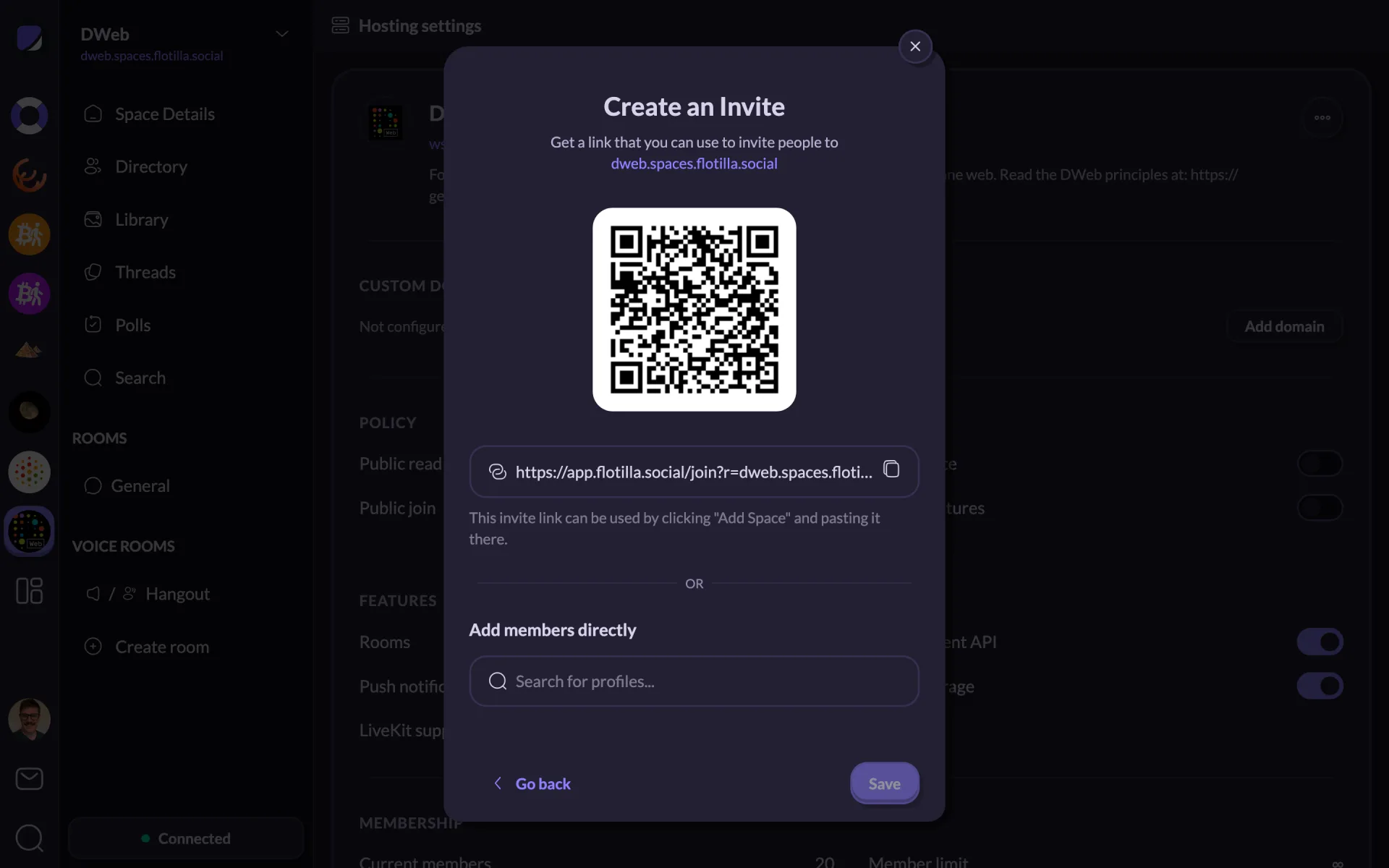 An invite dialog showing a QR code and a shareable join link