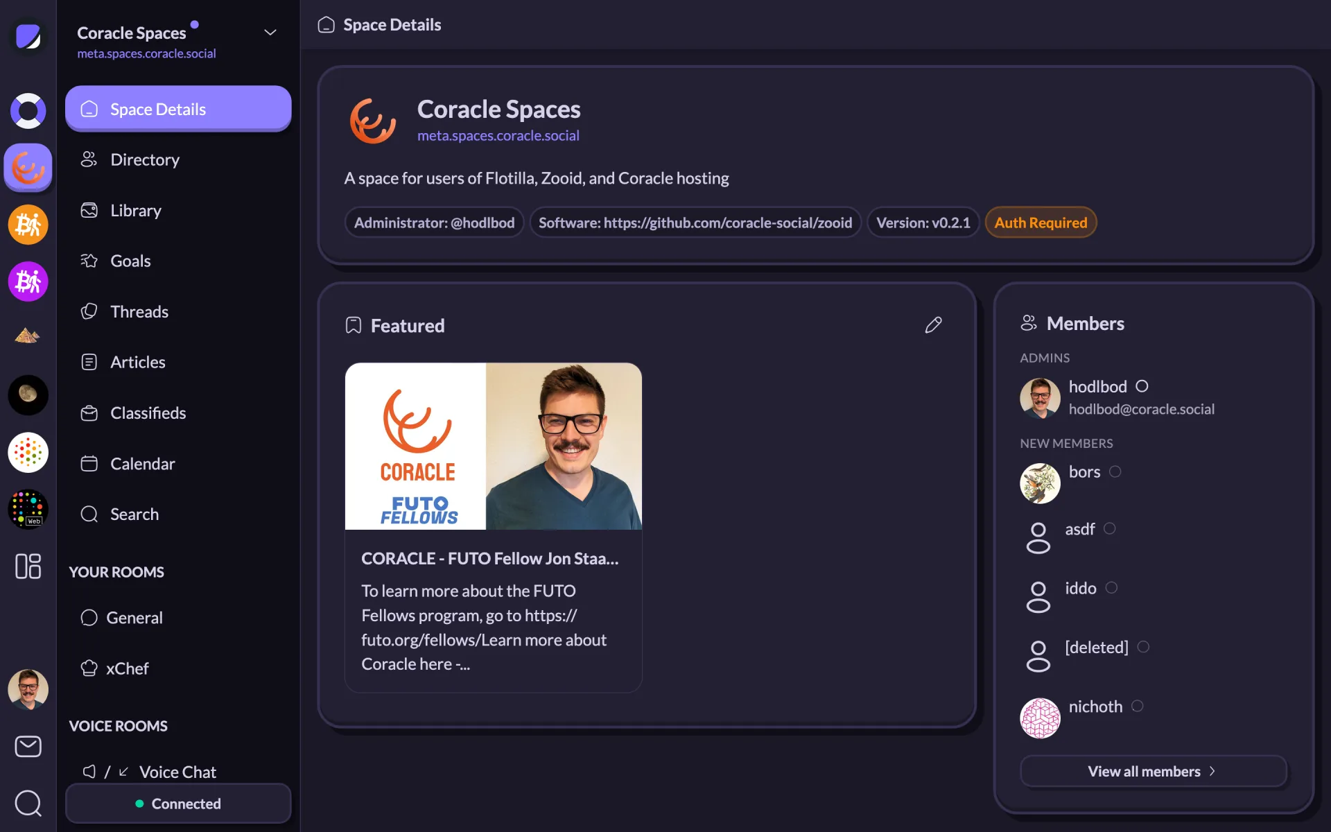 A space's detail page showing featured posts and a list of admins and new members