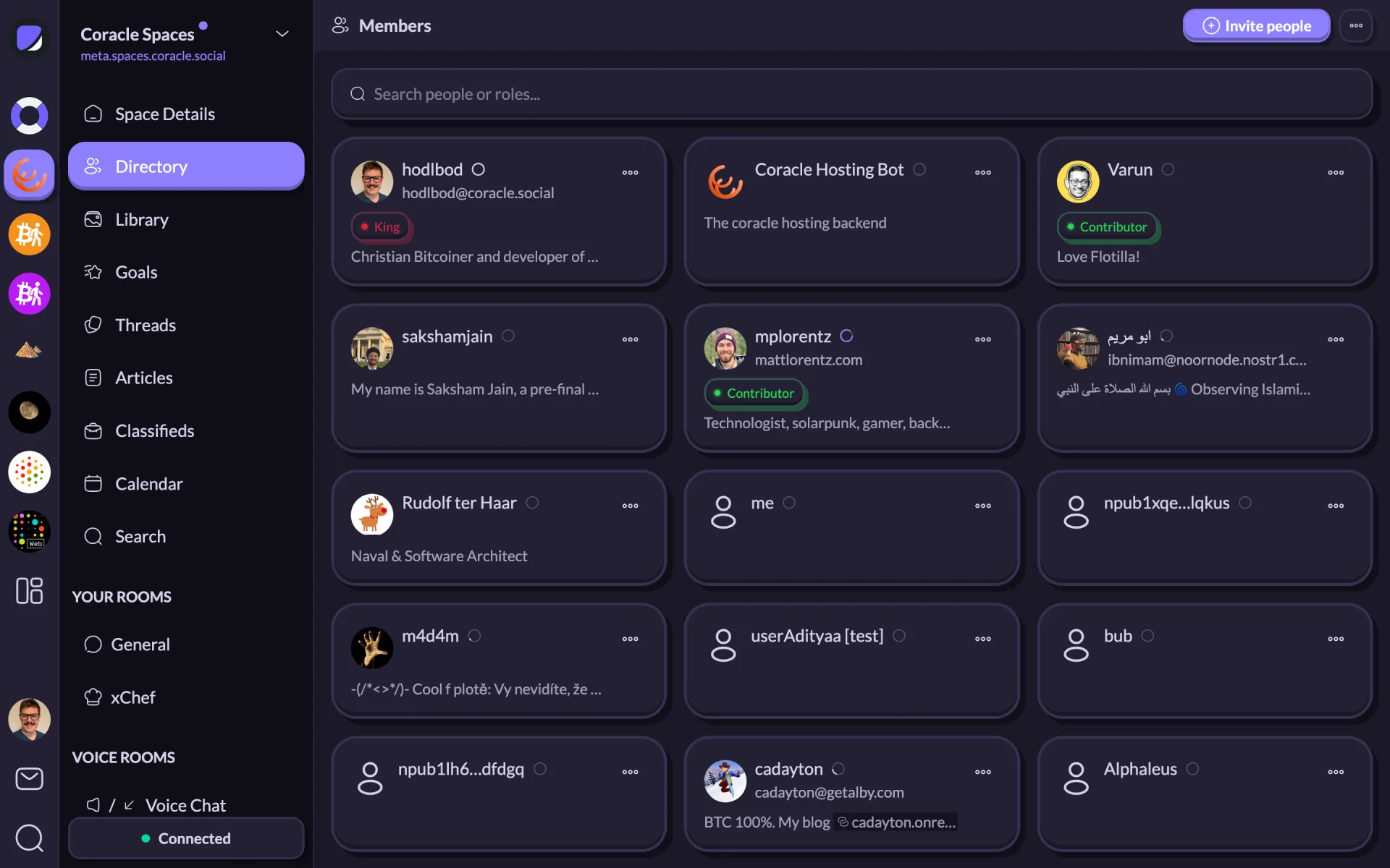 A member directory of profile cards, each with a name, bio, and role badge